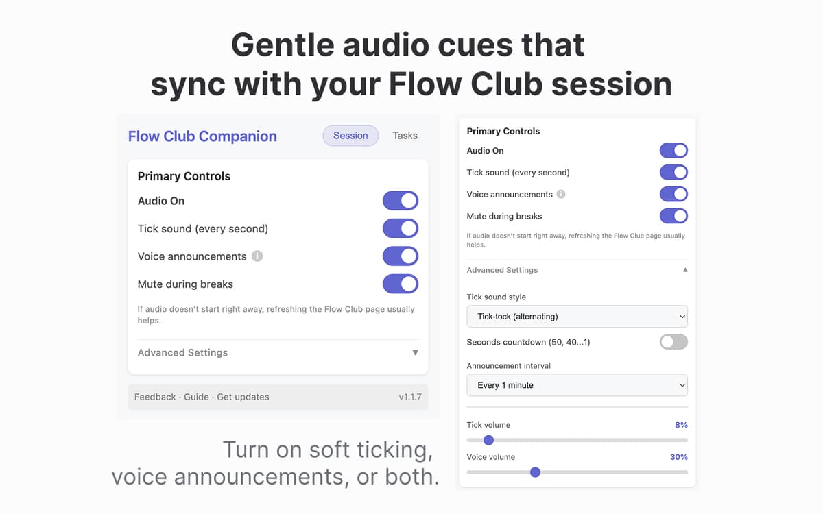 Flow Club Companion extension popup showing audio controls and task list