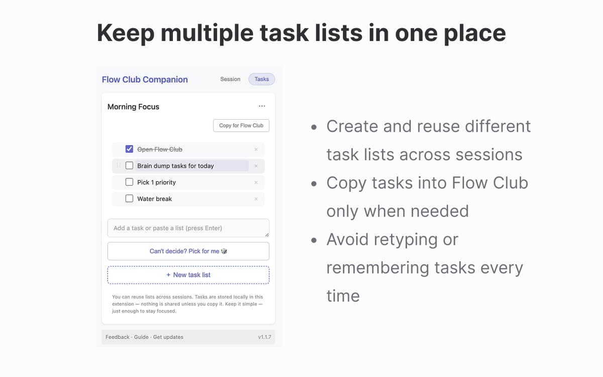 Flow Club Companion extension showing session timer integration