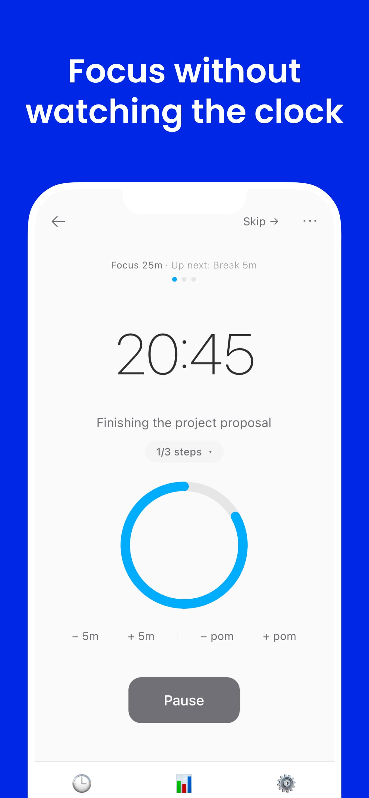 Timer state reflected visually and delivered through audio — no clock watching required