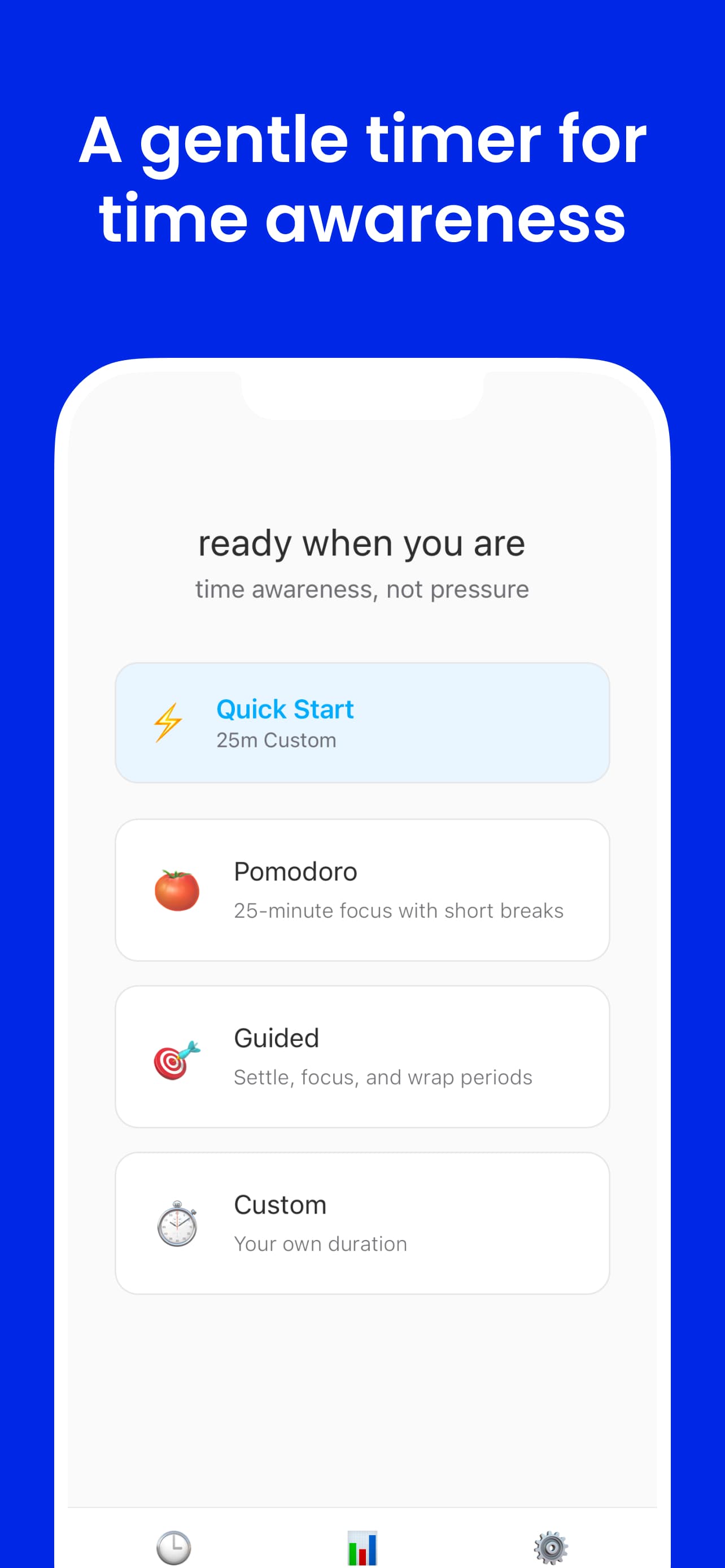Five audio presets from silent to fully voiced — match your environment and task