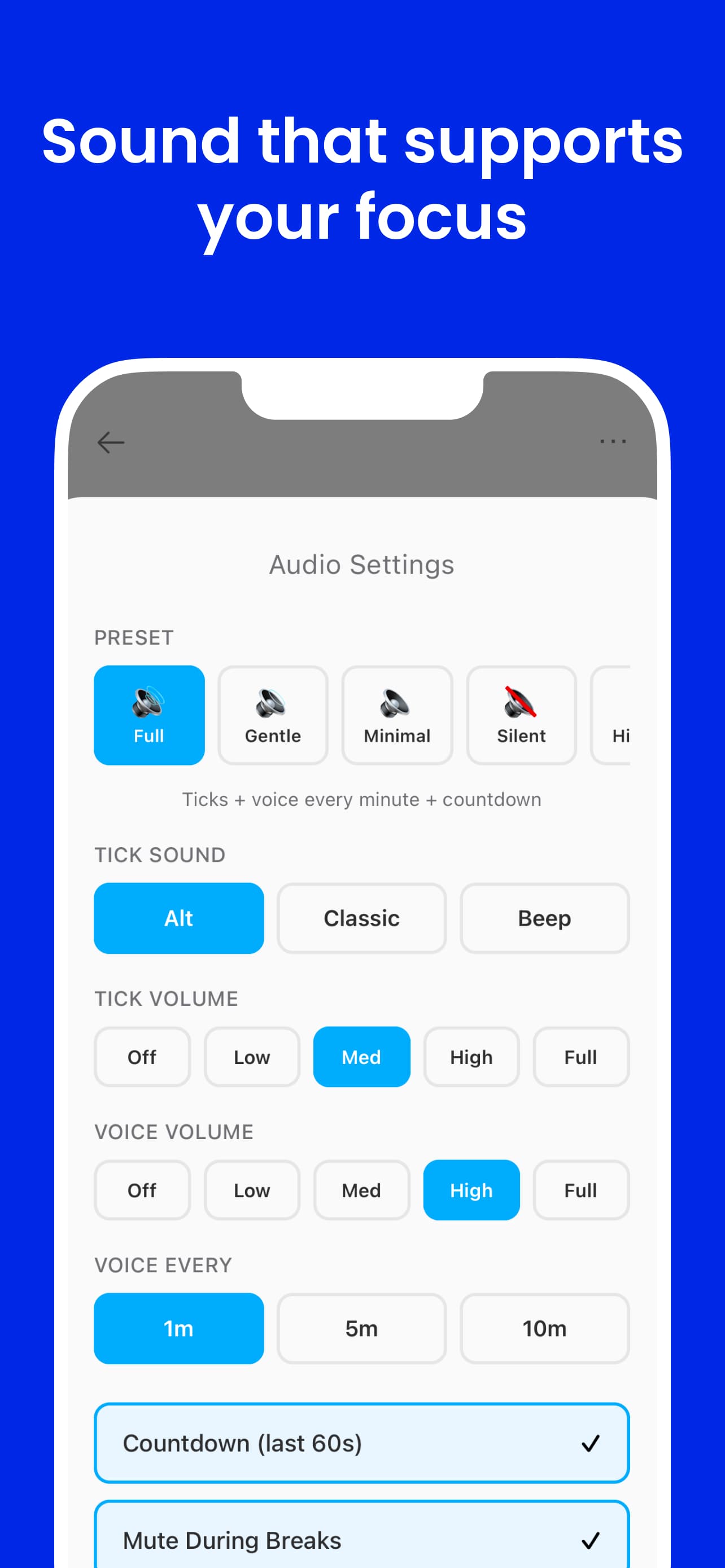 Audio cues scheduled across the arc of a session — minute markers, halfway point, countdown